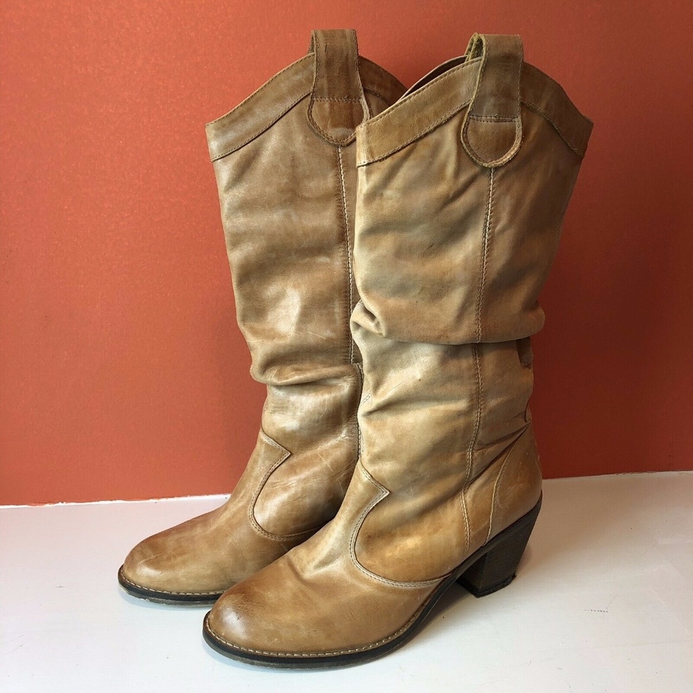 ALDO Tan Leather Stacked Heel Western  Boots Sz 9